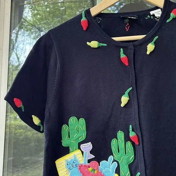 Christina Rotelli Cat Sweater Cat Fiesta 3D Size Small Mexican Margarita Vintage - Picture 2 of 12